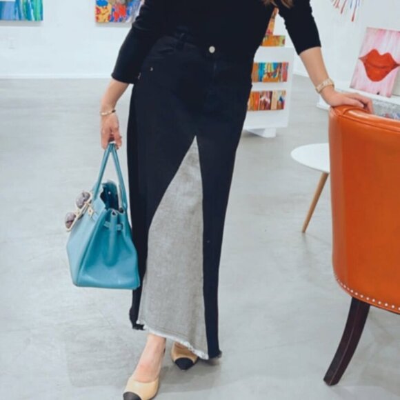 byrd Dresses & Skirts - BYRD Tzippy Waltner Denim Skirt Women's XL Raw Hem Black Color Block